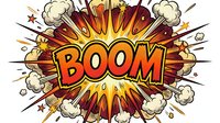 Comic book explosion with BOOM text in bold orange letters surrounded by radiating lines, smoke clouds and star bursts on white background.
