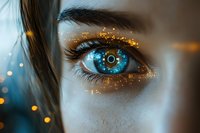Close-up of blue eye with digital technology overlay, glowing circuit patterns and futuristic elements against dark background, representing artificial intelligence concept.