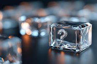 Question mark frozen in transparent ice cube with bokeh light effects and reflections on dark surface, mystery and uncertainty concept.