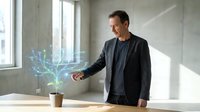 Mature man in business casual attire interacting with glowing digital tree hologram emerging from potted plant on desk, symbolizing technology, growth, and innovation in modern workplace.