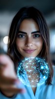 Young woman with long dark hair and blue eyes holding glowing digital globe with network connections, representing global technology, innovation, and digital transformation for business and communication concepts.