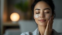 Young Asian woman with closed eyes applying face cream, enjoying skincare routine at home with soft evening lighting and peaceful expression.