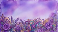 Ornamental floral border with swirling vines and blooming roses on watercolor purple background, suitable for greeting cards and invitations.