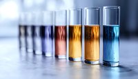 Colorful chemical solutions in glass test tubes arranged in laboratory setting for scientific research and analysis.