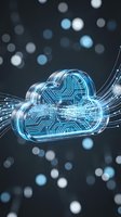 Glowing neon cloud with circuit board patterns and flowing data streams on dark background, representing cloud computing, digital infrastructure, and network technology.