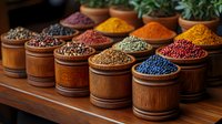 Colorful aromatic spices and seasonings in wooden bowls arranged in row on dark wooden table, traditional oriental market display of dry ingredients.