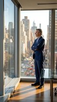 Mature male professional in navy business suit standing by floor-to-ceiling windows overlooking urban skyline, arms crossed, contemplative pose in high-rise office setting.