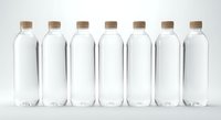 Seven clear plastic water bottles with brown caps arranged in row on white background isolated for packaging design and environmental concepts.