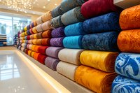 Colorful stacks of luxurious embroidered fabrics displayed in modern textile store, featuring rich textures and vibrant hues from blue and orange to burgundy and gold.
