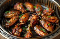 Grilled chicken wings glazed with sweet and savory Asian-style sauce, garnished with fresh herbs on metal grill grate, close-up view showing caramelized texture.