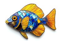 Vibrant mosaic fish artwork featuring blue stained glass pieces and golden yellow fins, stylized as tropical aquatic creature against white background, ready for decorative use.