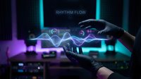 Young male music producer with dark skin tone wearing black gloves manipulating glowing cyan and purple sound waves above audio equipment in a modern studio setting with neon lighting and synthesizers.