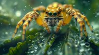 Macro photography of orange jumping spider with distinctive eyes on green leaf covered with water droplets after rain.