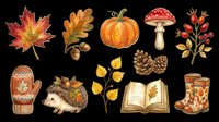Autumn seasonal collection featuring fall leaves, pumpkin, mushroom, berries, pinecone, hedgehog, mittens, boots and open book. Isolated on transparent background, ready for t-shirts, clipart, stickers and print-on-demand designs.