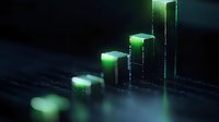 Glowing green bar chart visualization on dark background showing ascending data trend with luminous effects and reflective surface. Modern business analytics concept.