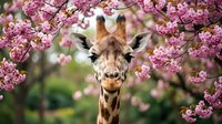 Giraffe surrounded by blooming pink flowers in spring garden setting, wildlife portrait for nature and animal lovers.