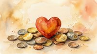 Watercolor red heart surrounded by gold and silver coins on warm beige background, symbolizing love, charity, and financial generosity.