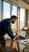 Professional businessman analyzing financial data on laptop in modern office with city skyline view during golden hour lighting.