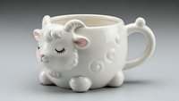 Adorable white sheep-shaped ceramic mug with closed eyes and pink cheeks on neutral background. Cute animal drinkware for coffee tea and hot beverages.