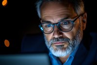 Mature businessman with gray beard and glasses working late at night, illuminated by blue computer screen light in dark office environment.