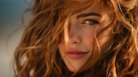 Young Caucasian woman with flowing auburn hair in golden sunlight, natural beauty portrait with warm lighting and windswept hair for lifestyle campaigns.