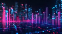 Abstract digital landscape with glowing pink and blue vertical bars rising from reflective grid surface against dark background, creating futuristic cityscape visualization.