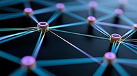 Network nodes connected by glowing blue lines on dark background illustrate digital connectivity, data transfer, and neural networks in modern technology.
