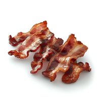 Crispy cooked bacon strips with golden-brown edges and rich marbling isolated on white background, ready for food service and menu photography.