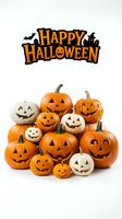 Carved jack-o'-lantern pumpkins in orange and white with glowing faces arranged in a group, isolated on white background with festive text above for seasonal decorations and holiday designs.
