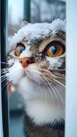 Close-up portrait of curious cat with snow on head and amber eyes looking through window glass. White and brown feline face with snowflakes on fur in winter season.