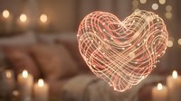 Glowing wireframe heart shape with warm light trails floating in cozy bedroom with candles and bokeh lights creating romantic atmosphere for love concepts.