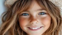 Young girl with bright blue eyes, freckles, and natural brown hair smiling warmly at camera. Close-up portrait showing genuine happiness and innocence.