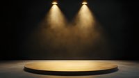 Empty round wooden stage platform illuminated by two spotlights casting dramatic beams through atmospheric haze against dark background, creating theatrical ambiance.