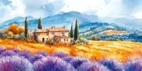 Tuscan countryside villa surrounded by lavender and golden fields with rolling mountains in background, ideal for travel, home decor, and lifestyle design projects.