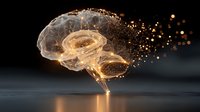Digital brain with golden neural networks and sparkling particles dissolving into light on dark background for artificial intelligence concepts.
