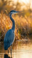 Great blue heron standing in shallow water during golden hour with warm bokeh background for wildlife and nature photography projects.