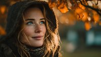 Young blonde woman with blue eyes wearing knit hat and scarf in warm autumn light with golden bokeh background for lifestyle and fashion content.