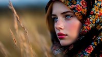 Young woman in traditional floral headscarf gazes thoughtfully into distance, dramatic lighting highlights her striking features against blurred autumn field background.