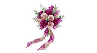 Wedding bridal bouquet with pink and white roses, eucalyptus greenery and flowing ribbons isolated on white background for romantic ceremony design.