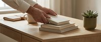 Person arranging books on minimalist wooden desk with succulent plant in modern home office workspace for productivity and organization.