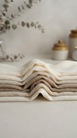 Stacked natural linen and cotton fabric swatches in neutral tones with dried eucalyptus and ceramic jars, ideal for textile, interior design, and home decor projects.