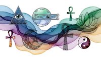 Mystical spiritual symbols flowing on colorful wave background with sacred geometry, ankh, yin yang, eye pyramid and lotus elements for meditation design.