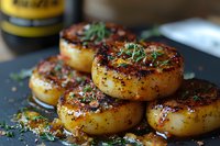Pan seared scallops with golden brown crust garnished with fresh herbs and spices on dark background, close up view of seafood appetizer preparation.