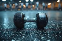 Black dumbbell on wet asphalt surface with water drops and bokeh lights in background, dramatic moody fitness and strength training concept photography.