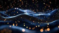 Glowing blue wave pattern with golden bokeh lights on dark background creates futuristic digital landscape for technology and science designs.