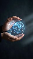 Hands protecting glowing digital Earth globe with network connections representing global technology, environmental protection and worldwide communication.