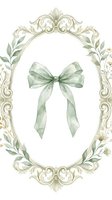 Watercolor green ribbon bow in ornate vintage frame with botanical leaves and flowers on white background for wedding invitations and feminine designs.