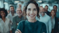 Confident female professional smiling at camera with diverse business team in background, representing leadership and workplace diversity.