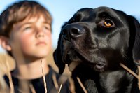 Close-up of black Labrador retriever with amber eyes alongside young boy outdoors, both gazing upward against blue sky background.