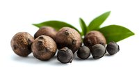 Fresh allspice berries of different sizes with green leaves on white background, aromatic whole pimento spice for cooking and seasoning.